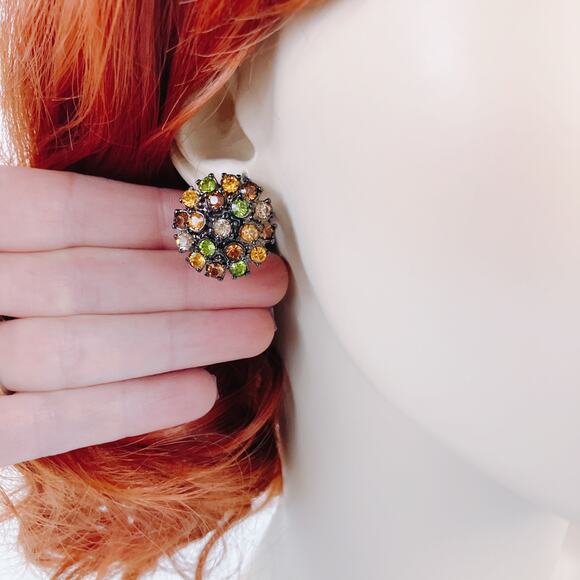 Joan Rivers Gun Metal Rhinestone Cluster Clip On Earrings Warm Fall Colors - Picture 4 of 12